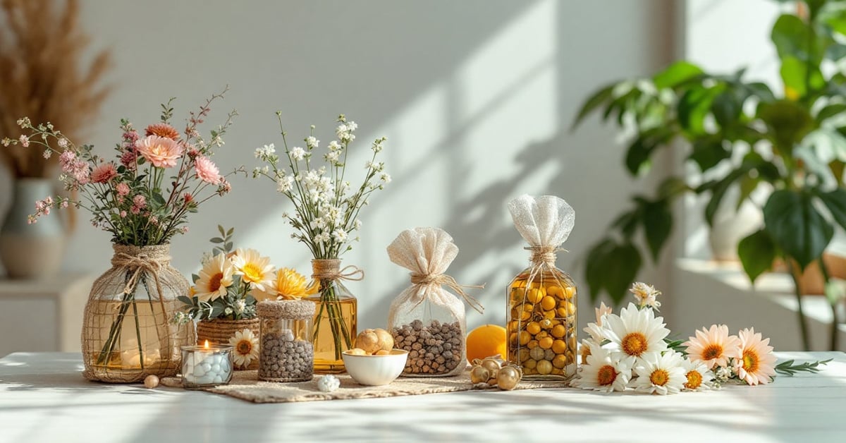 Fournitures art floral disposées sur table : ciseaux, fil, mousse florale et outils professionnels