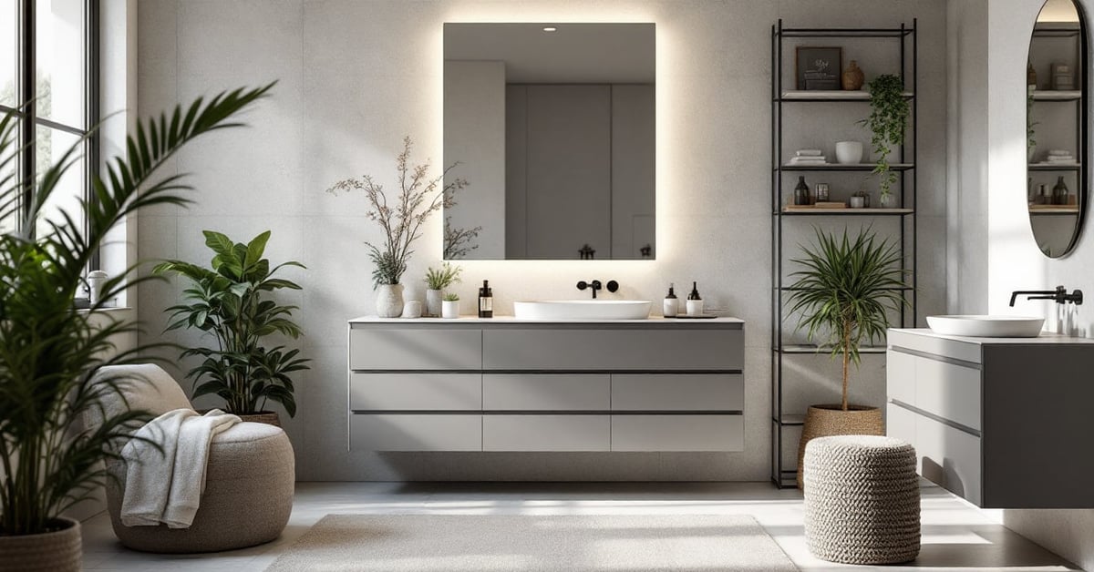 Meubles salle de bain modernes élégants dans une salle de bain lumineuse et bien agencée