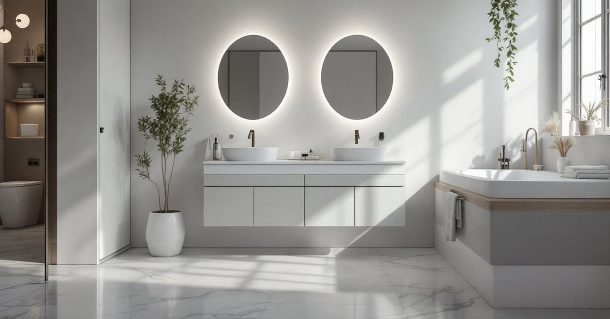Meubles de salle de bain modernes avec vasque et rangements dans une ambiance lumineuse naturelle