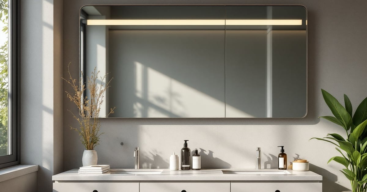 Miroir pour salle de bain moderne dans une salle de bain lumineuse au style épuré et contemporain