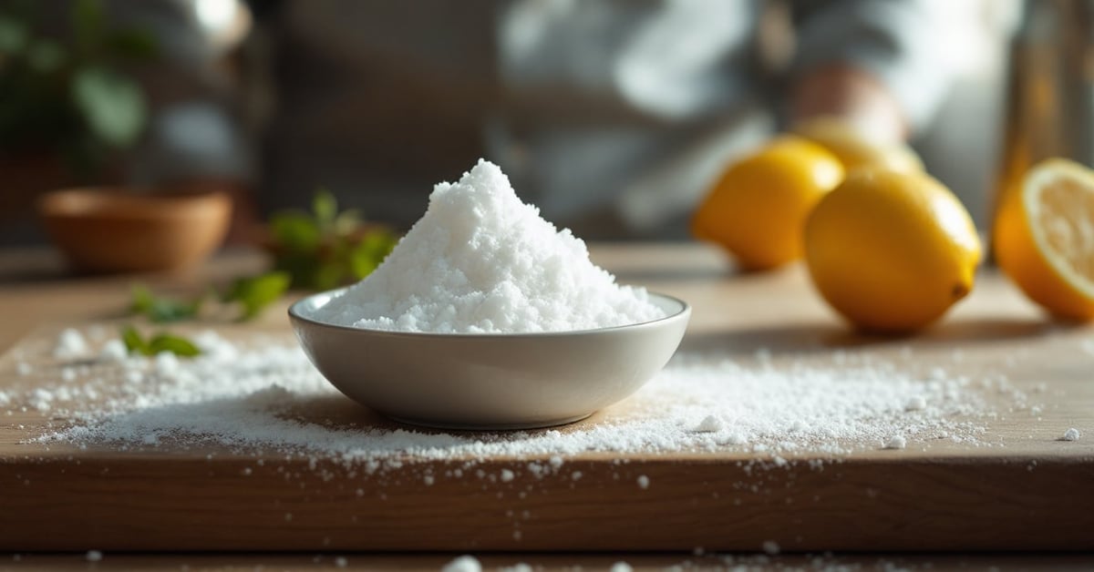 Vinaigre blanc et bicarbonate de soude posés ensemble sur un plan de travail moderne