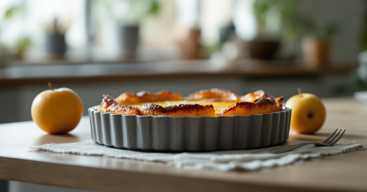 Tarte aux pommes brillante napée d'un glaçage doré façon pâtissier professionnel