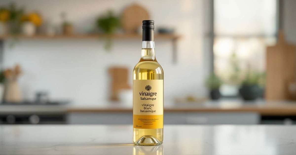 Bouteille de vinaigre blanc balsamique posée sur une surface moderne en lumière naturelle
