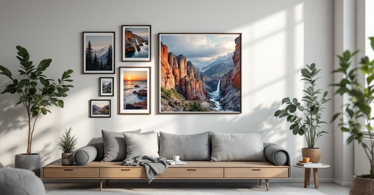 Disposition harmonieuse de photos et tableaux sur un mur blanc dans un intérieur moderne et élégant
